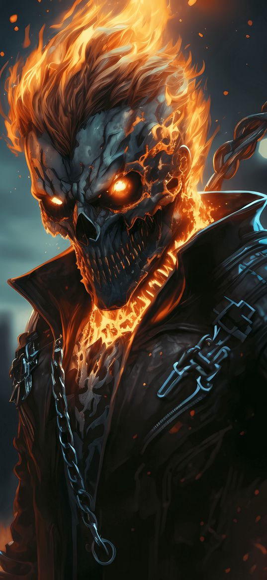 ghost rider, marvel, skull, skeleton, chains, fire, moon, night, ai, art