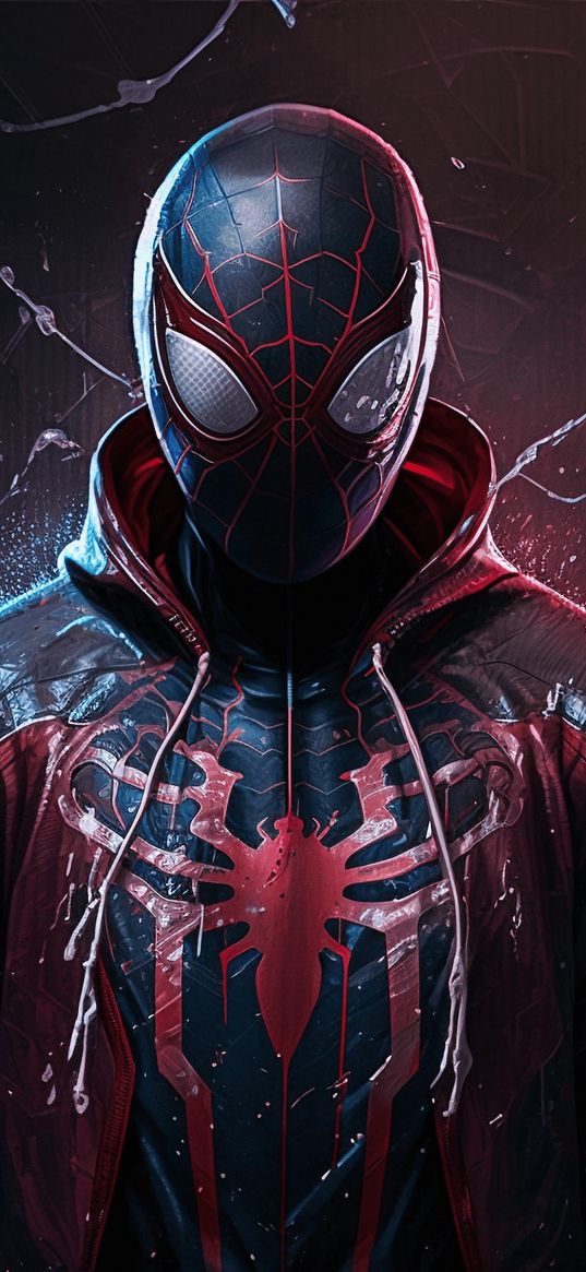 miles morales, spider-man, spiderman, superhero, marvel, hoodie, hood, web, black, red, ai, art