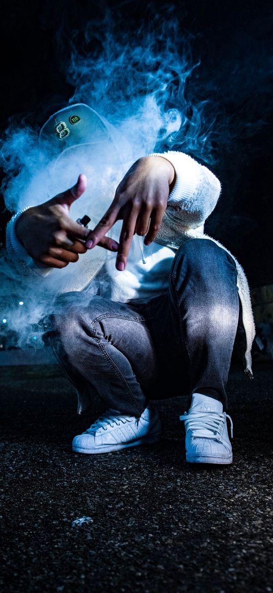 anonymous, guy, cap, tube, smoke, gesture, street, night