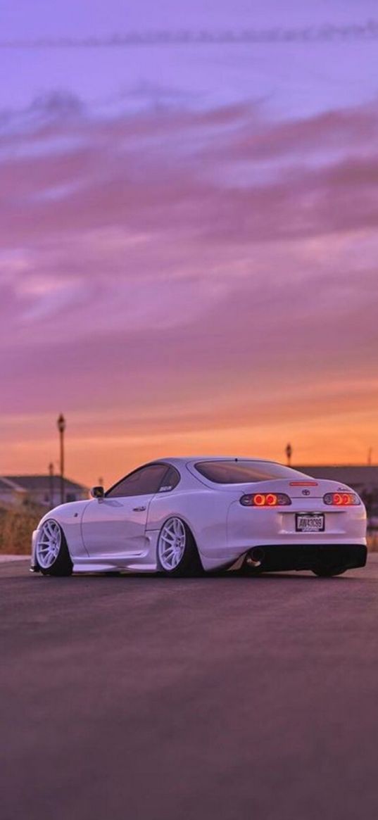 toyota supra, sports car, car, white, road, houses, sunset, sky