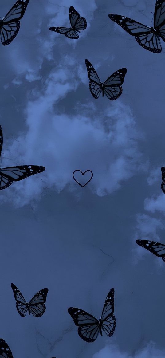 butterflies, heart, clouds, sky