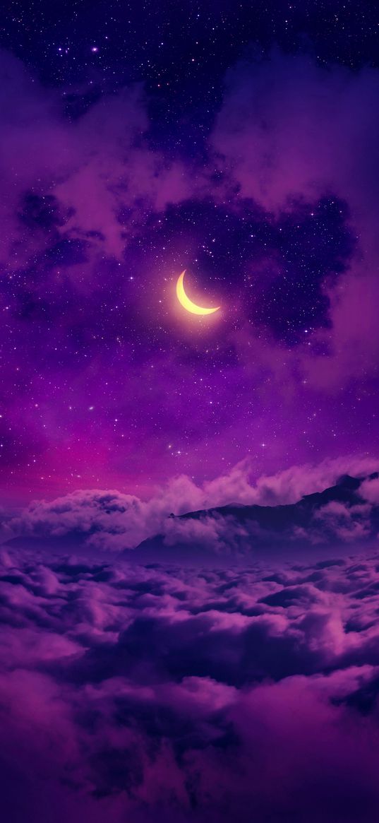 moon, clouds, stars, sky, purple, glow