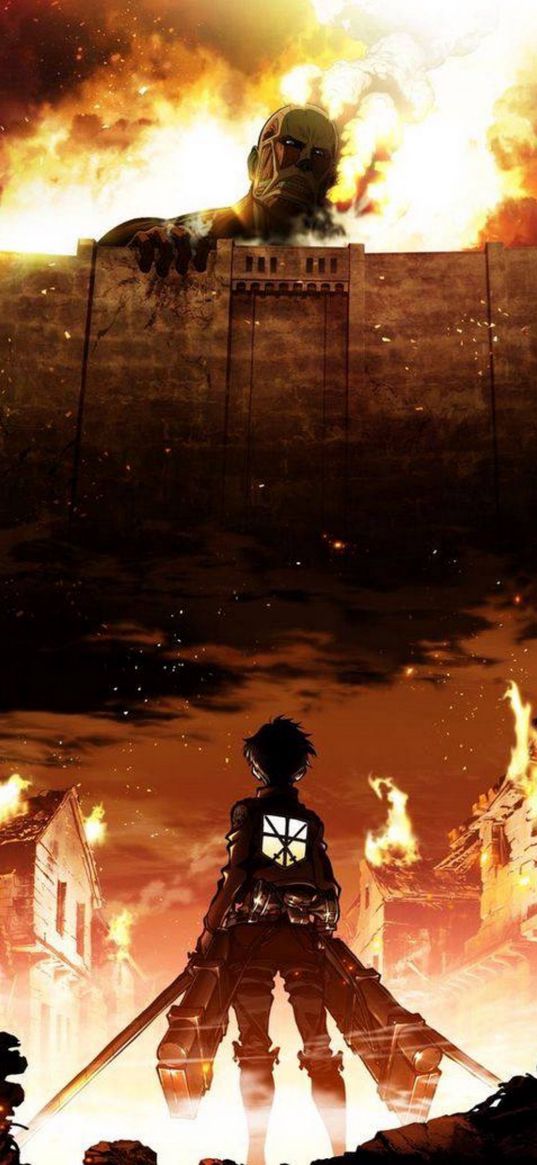 attack on titan, character, wall, fire, village