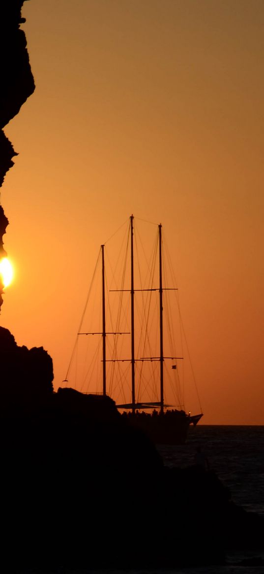 ship, masts, rock, evening