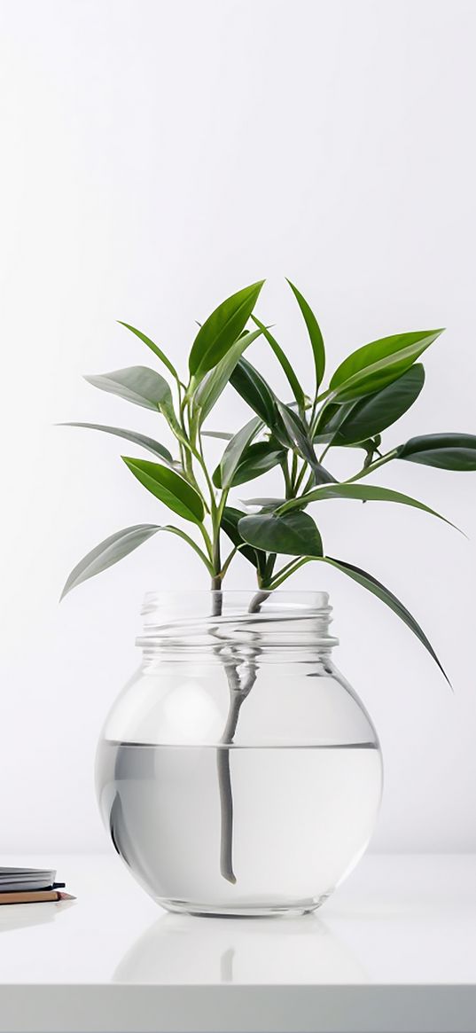 branches, leaves, vase, water, white, minimalism