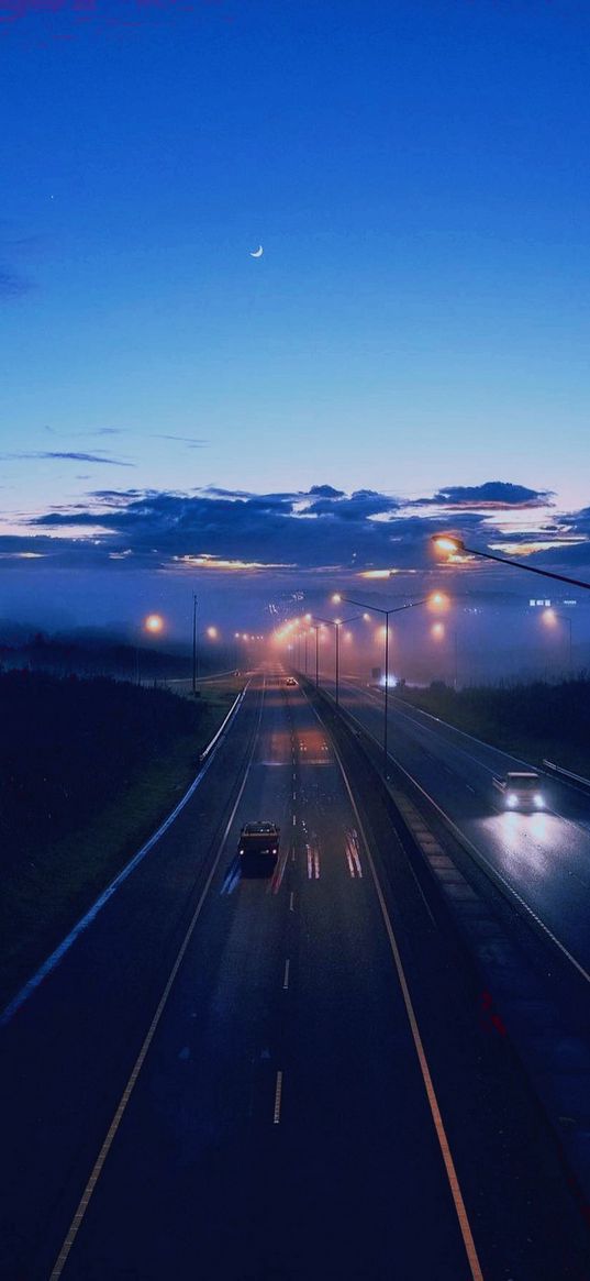 road, car, electric pole, clouds, blue sky, moon