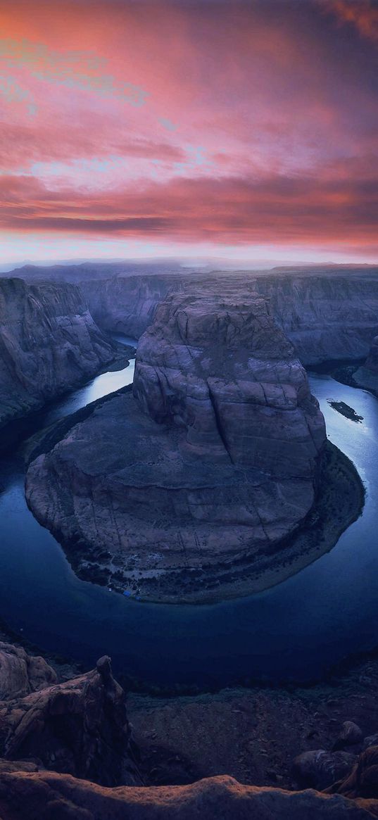 canyon, river, horizon, cloudy sky