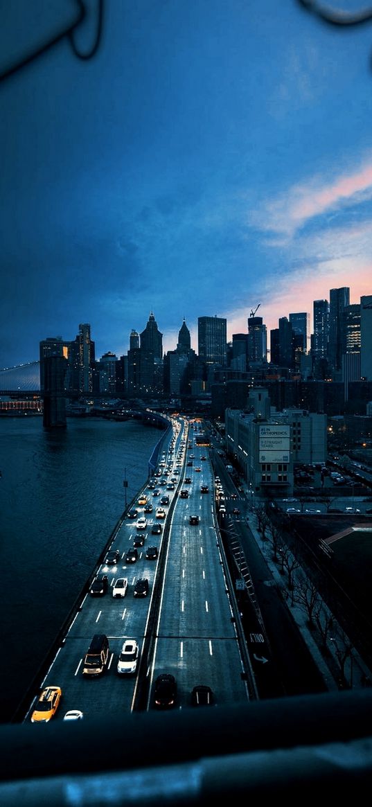 sea, road, cars, buildings, city