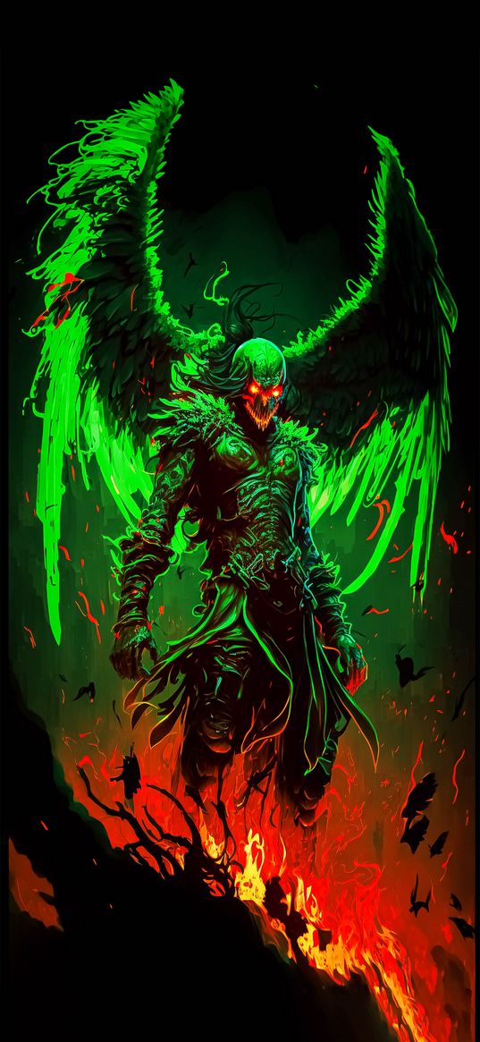 demon, wings, green, darkness, art