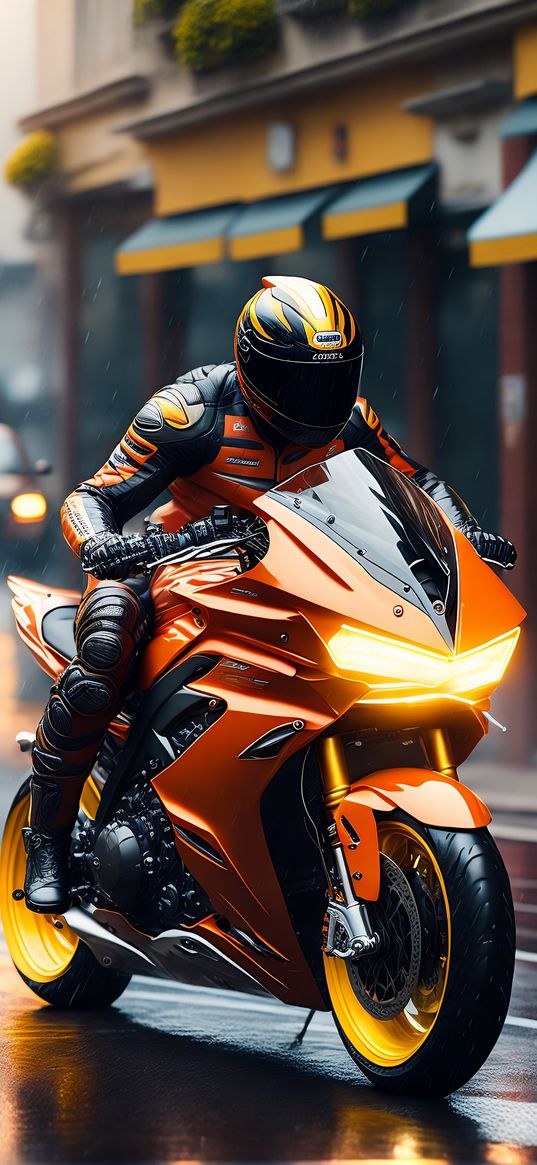 bike, sports, city, rain, sports bike, neon, moody, racing