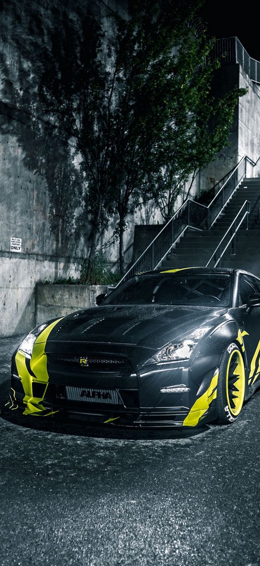 car, gtr, street, night, yellow, black