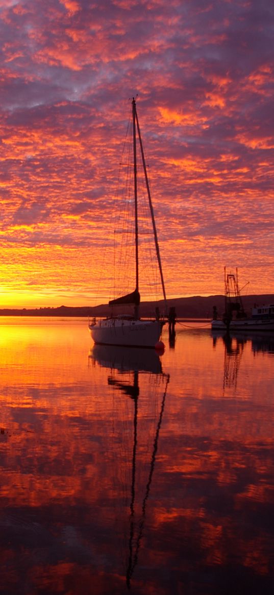 boat, mast, bay, sunrise, silence