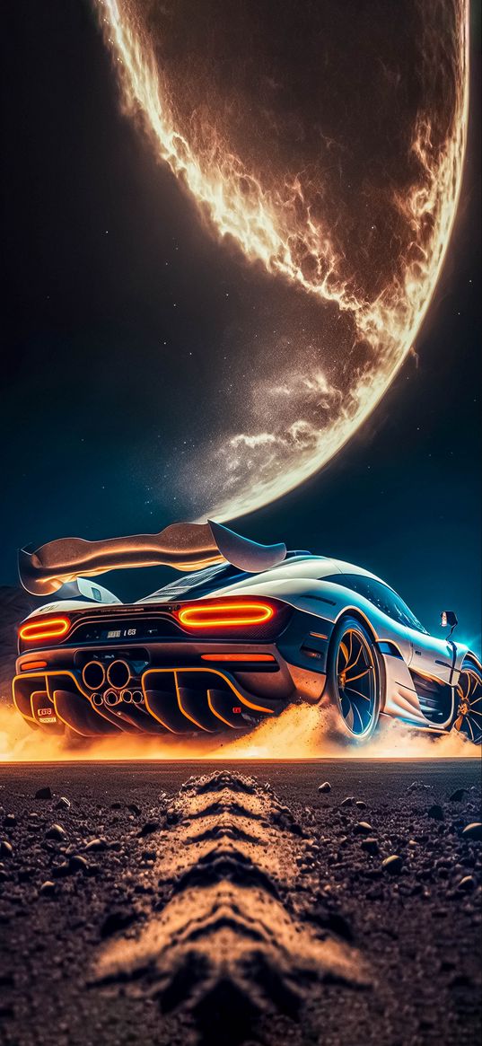 car, road, planet, night, art