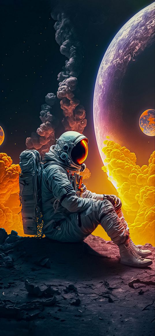 astronaut, moon, planet, space, smoke, art