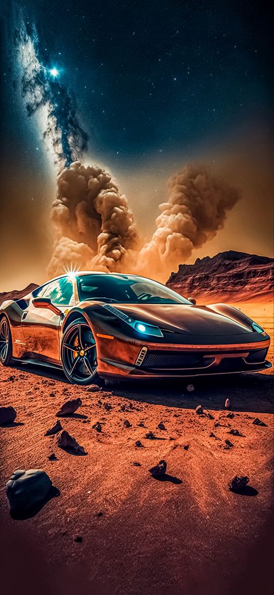 car, desert, mountains, stones, dust, starry sky