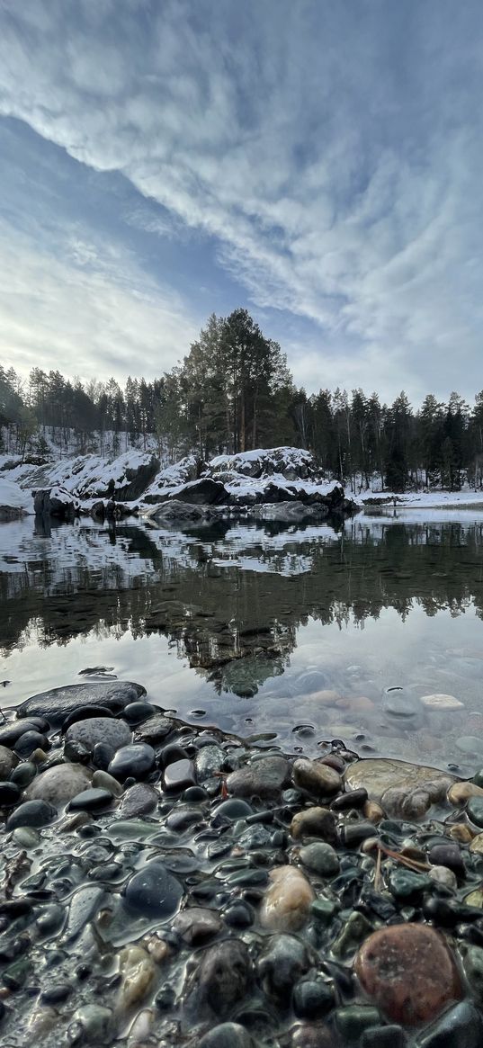 river, stones, reflection, trees, clouds, winter, nature, altai