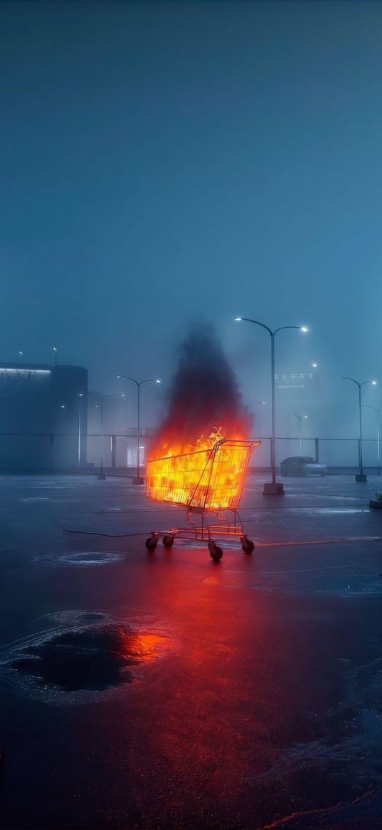 trolley, street, fire, fog, lights, city