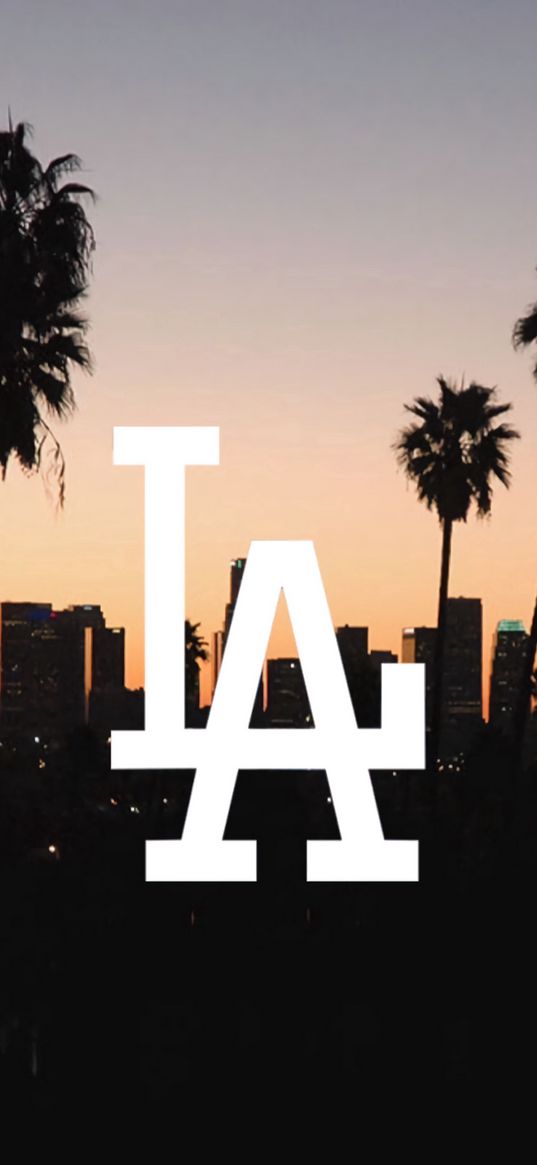 los angeles, inscription, initials, palm trees, sunset