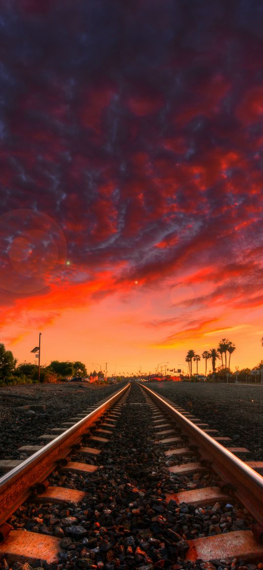 rails, trees, sunset, clouds, landscape