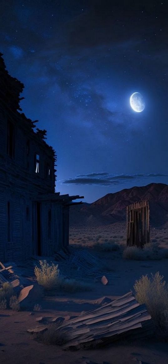 old house, sand, desert, mountains, stars, moon, night, ai, art