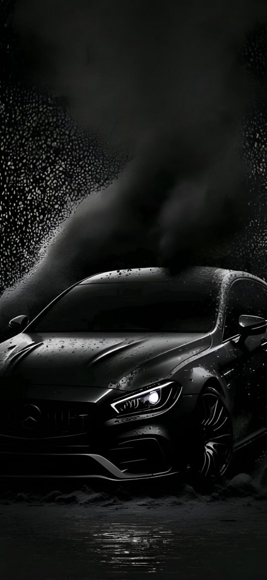 mercedes, car, black, splash, water, dark, art