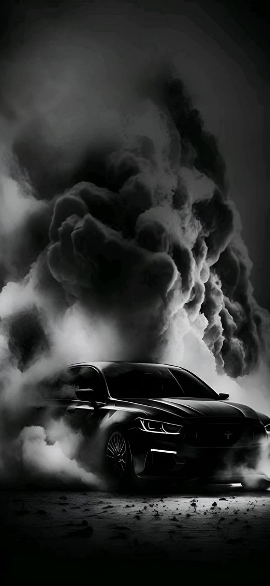 ford mustang, car, black, smoke, gray, art