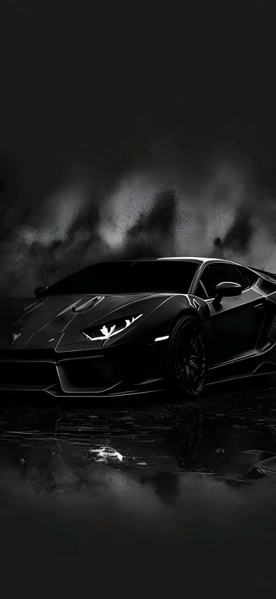 lamborghini, car, black, smoke, water, art