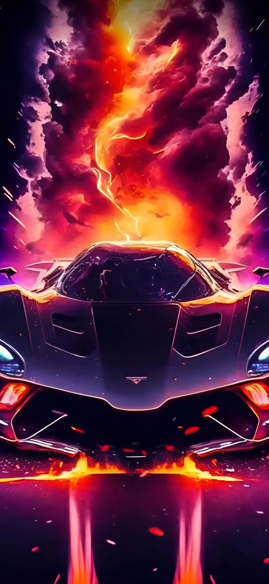 car, sports car, dark, smoke, lightning, fire, art