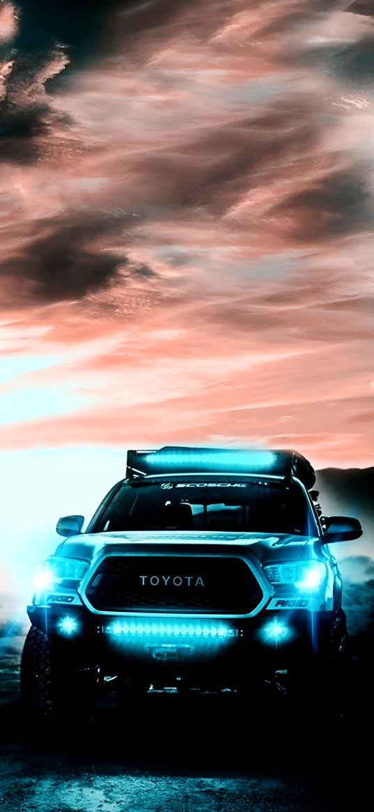 toyota, car, headlights, blue, light, evening, sunset, art