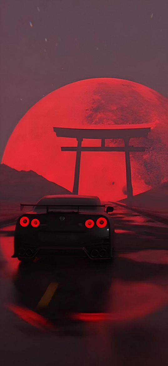 nissan, car, red moon, japan, art