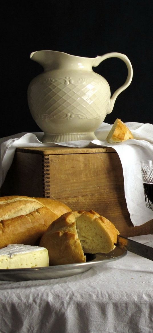 bread, grapes, table, still life