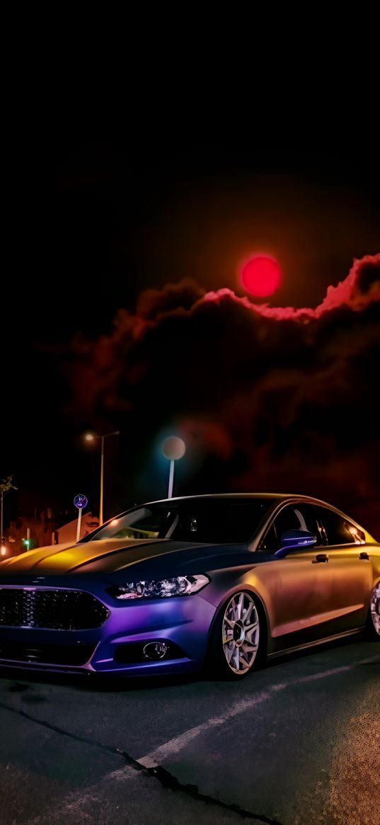 car, purple, red moon, night, art