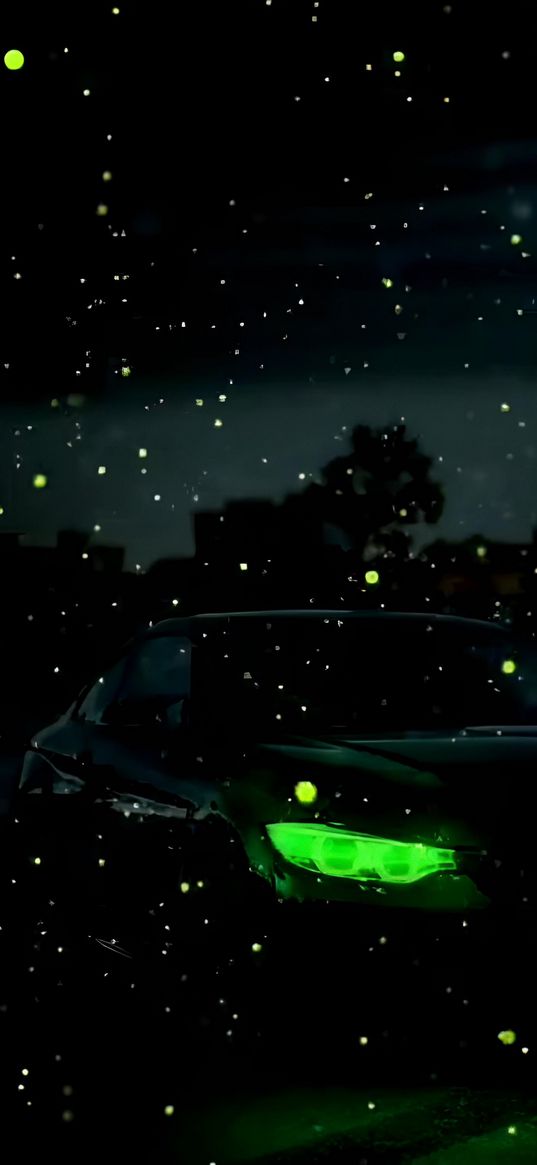 car, black, headlights, green, fireflies