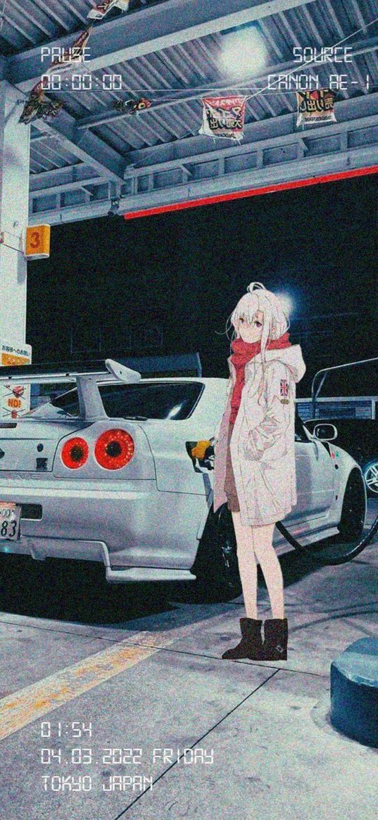 jdm, car, girl, gas station, graininess, anime, art