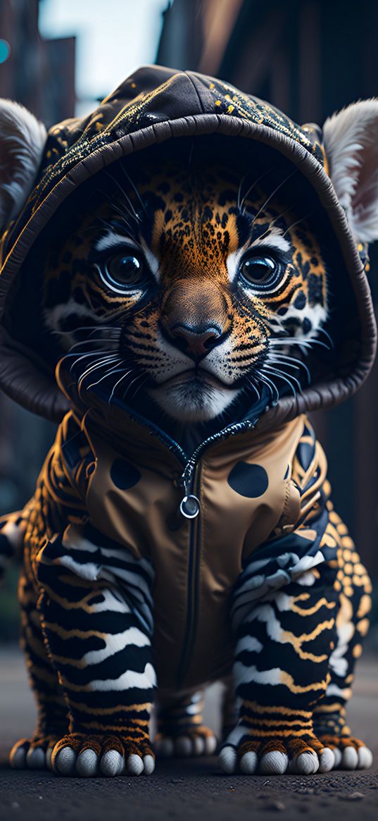 tiger cub, tiger, animal, hoodie, city, art