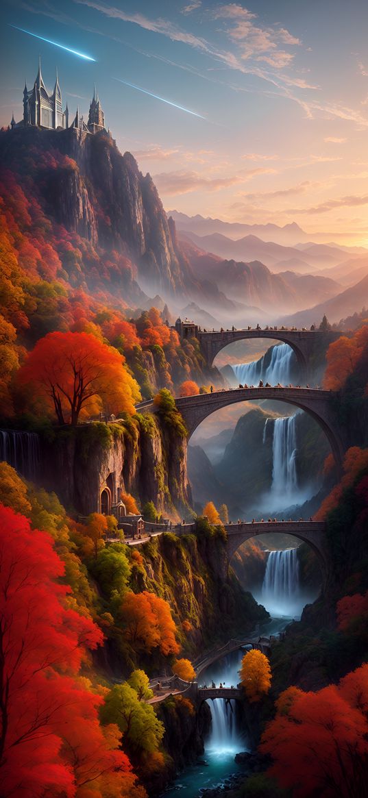 waterfall, bridges, rocks, trees, castle, autumn, art