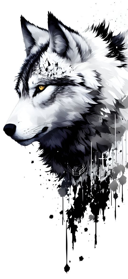 wolf, animal, black, white, spots, art