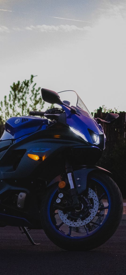 yamaha, bike, motorcycle, blue, sunset