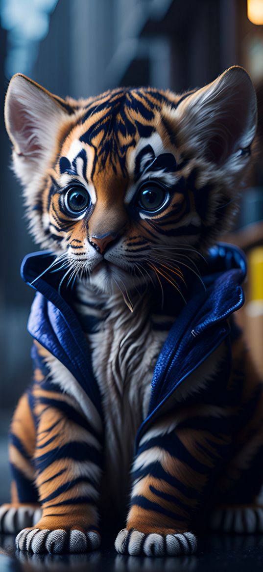 tiger cub, jacket, street, lights, city, art