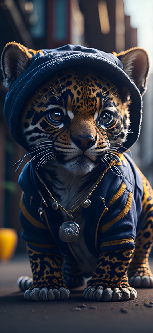 leopard, jacket, hood, city, street