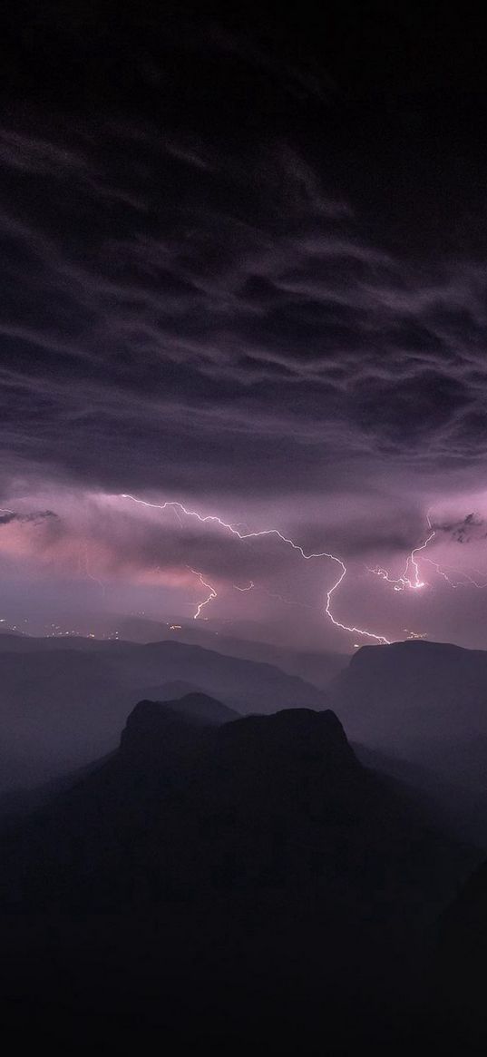 mountains, valley, lightning, thunderstorm, clouds, sky, darkness, landscape, nature