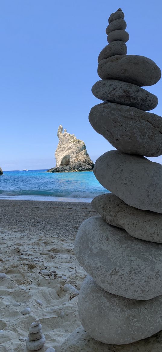 stones, balance, sand, beach, sea, rocks, sky, nature