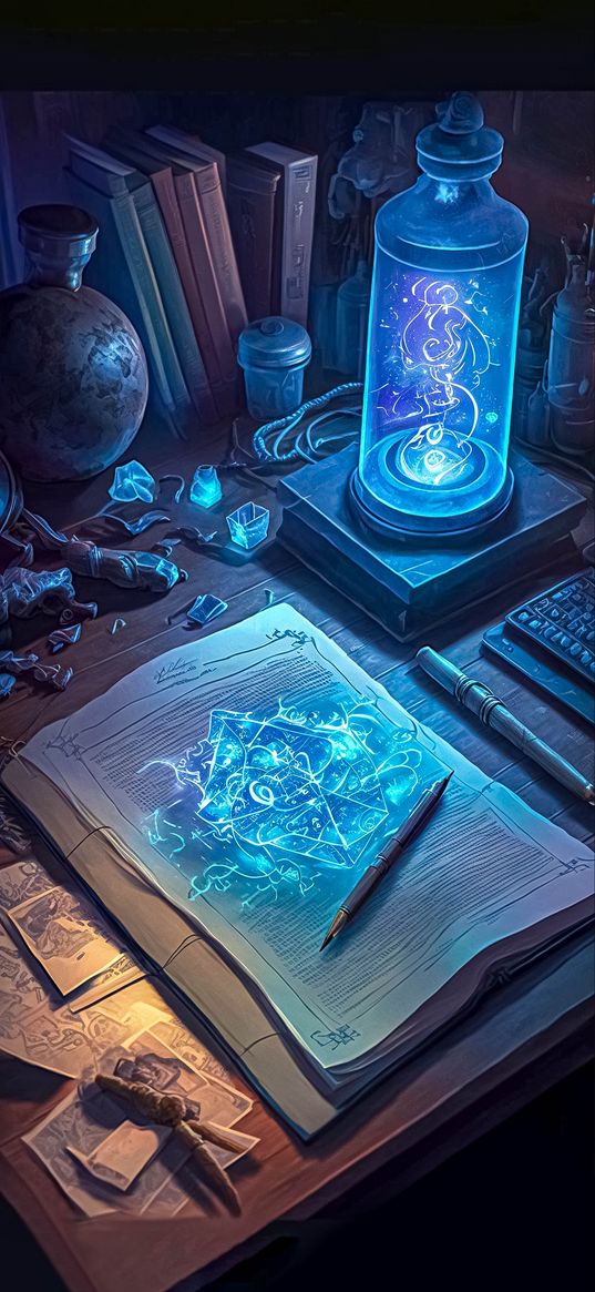 books, scrolls, flask, magic, art