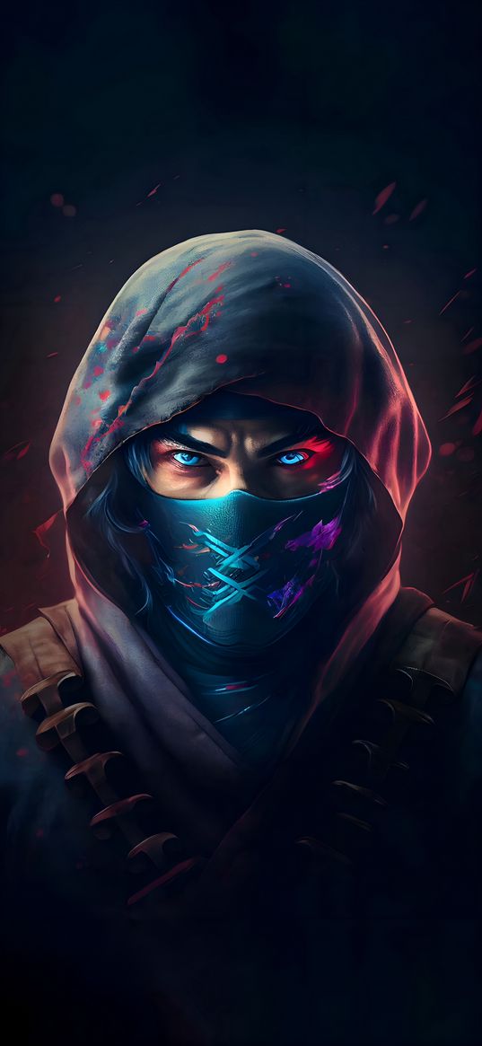 ninja, mask, hood, blue eyes, art