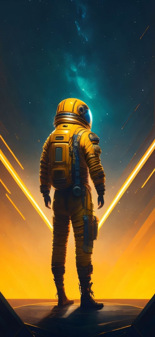 astronaut, spacesuit, yellow, galaxy, cosmos, art