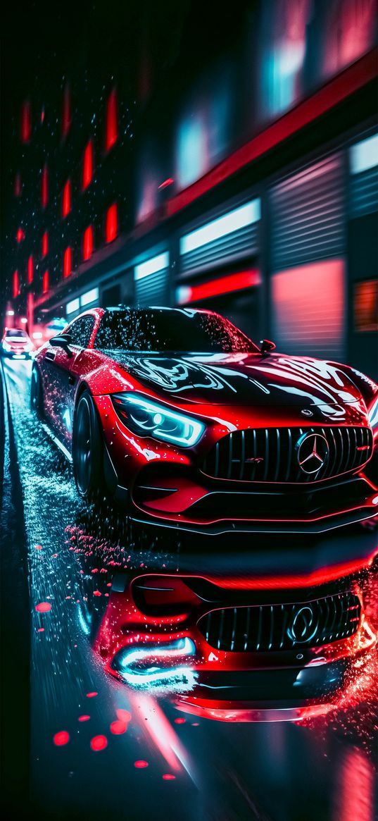 mercedes, car, red, speed, street, art