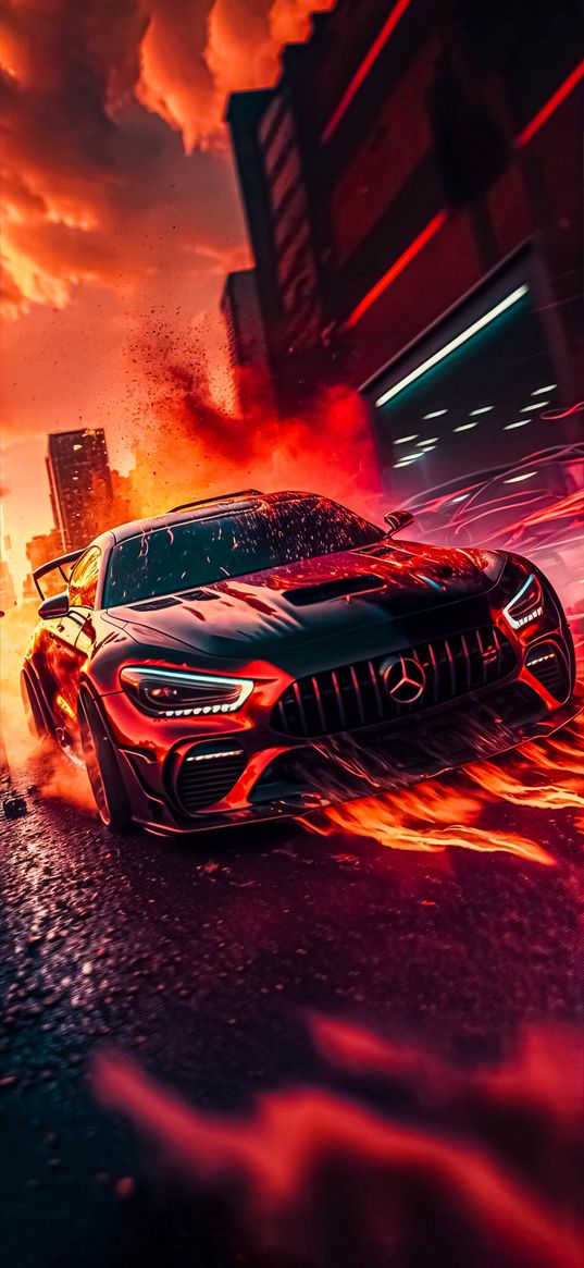 mercedes, car, black, fire, street, art