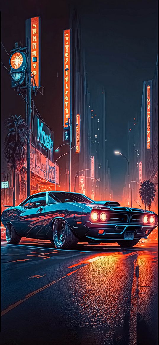 dodge, car, dark, street, neon, art