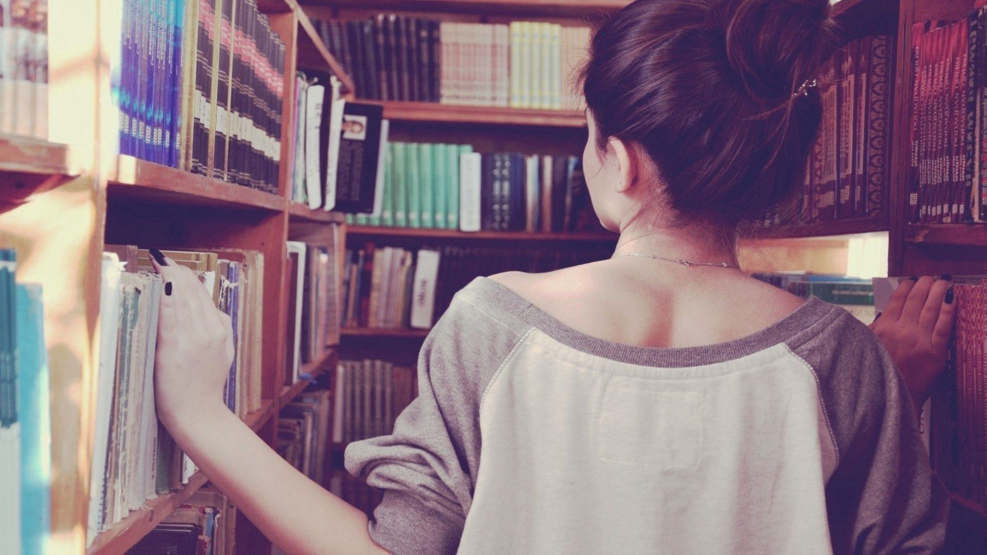 girl, library, back, books