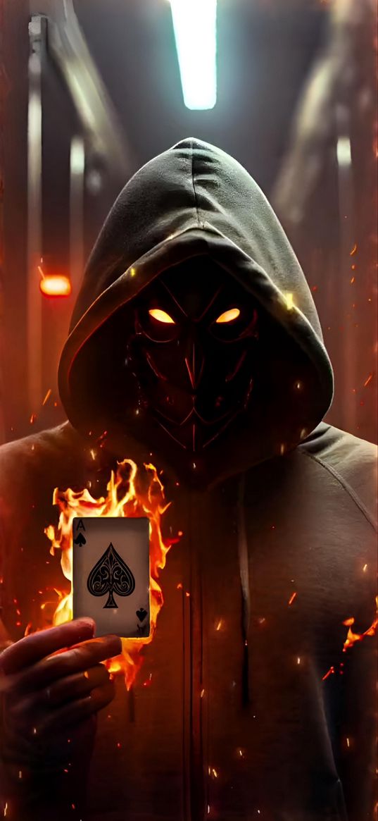 card, hood, mask, fire